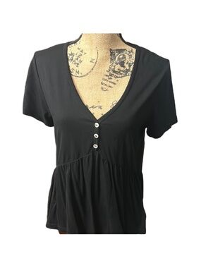 Anthropologie Black Short-Sleeve V-Neck Button Peplum Top